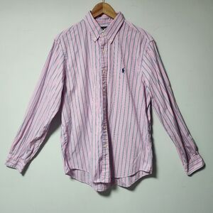 Men's Ralph Lauren Polo Pink Blue Stripe Oxford Dress Shirt Preppy L